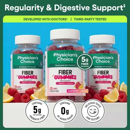 Physician’s Choice Fiber Gummies 3-Pack: Digestive Health & Regularity - Raspberry Lemon Flavor - No Sugar Added & Vegan - Daily Gummy for Adults