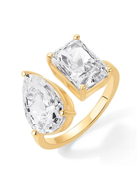 PAVOI 14K Gold Plated Toi et Moi Engagement Ring for Women - Pear & Emerald Cut Promise Rings - Statement Wedding Ring