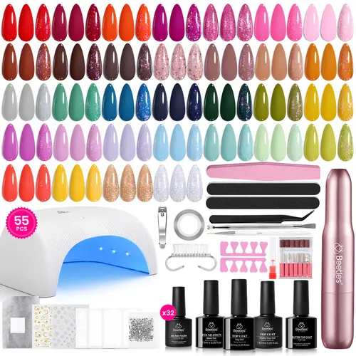 Beetles Gel Nail Polish Kit with UV Light -55 Pcs Gel Nail Kit Four Seasons Glow 32 Colors Set with Electric Cordless Nail Drill Base Matte & Glossy Top Coat Soak Off Home Salon DIY Manicure Christmas Gifts for Women Girls Cutics, Nail Care, Uv Curing Nai
