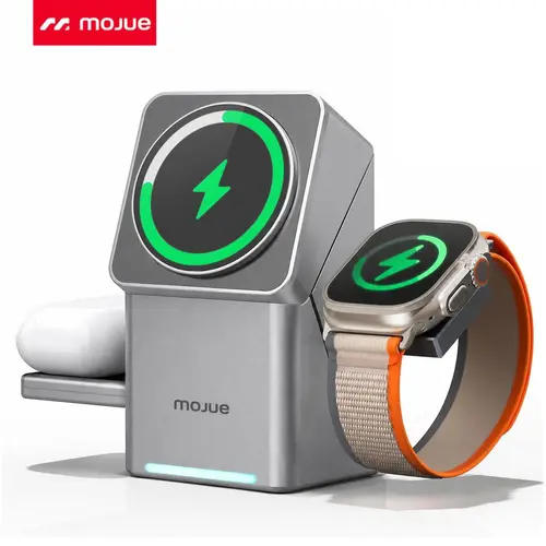 MOJUE 3-in-1 Portable Qi2 Certified 15W Fast Magnetic Wireless Charging Station Full Kit (With Cable) for Mobile Devices, Magsafe iPhone 17/16/15/14/13/12 Pro Max, Watch, AirPods & Samsung Phones