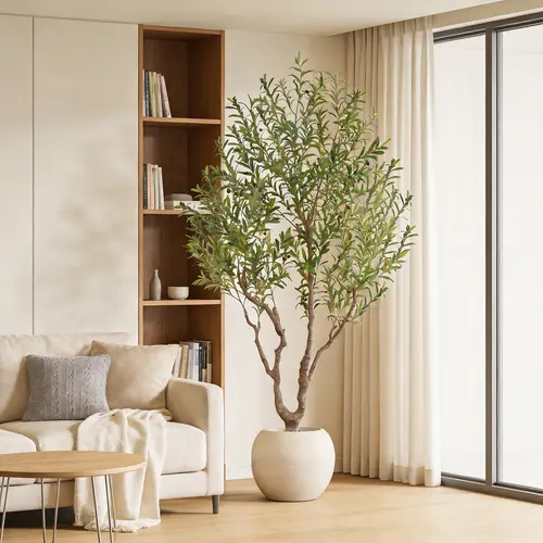 7-Ft/8-Ft Artificial Olive Tree Plant, 16-in Round White Moss-Top Pot, Natural Wood Trunk & Lifelike Fruit, All-Seasons Fake Olive Tree for Living Room, Entryway Decor, No Maintenance Home & Office Accent, Ideal for Birthday & Christmas Gifting