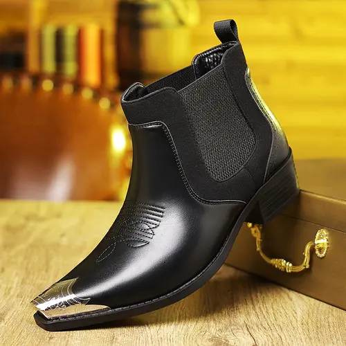 Men's Pointed Chelsea Boots Business Casual Short Boots Trendy Shiny Patchwork High-Top Slip-On Men's Boots