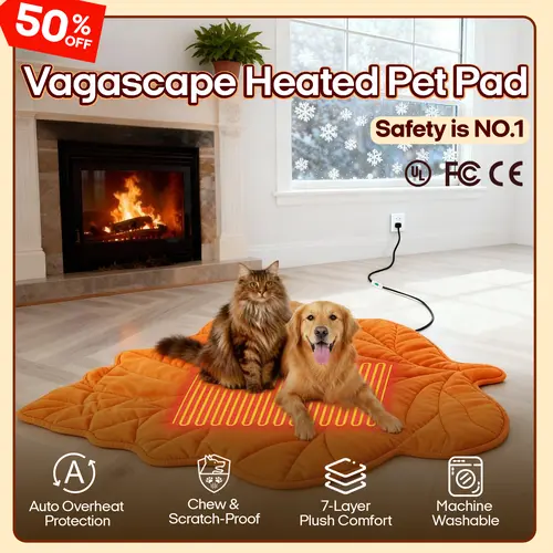 Vagascape Heated Abdominal Mat for Dogs & Cats - 7-Layer Heat-Insulating System, Warmth Lock, UL/FCC/CE Certified, Flame-Retardant Fabric, Auto Overheat Protection, Chew-Resistant Cord, Waterproof, Plush Washable Zip-Off Cover, Multi-Size, Indoor Use