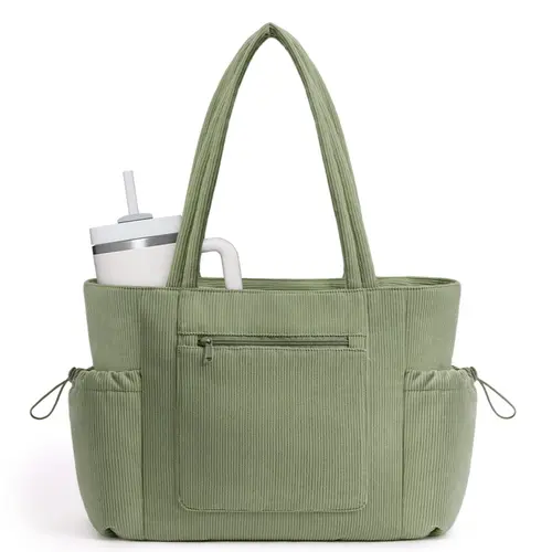 College Tote Bag for Women, Large Corduroy Tote Bag with Laptop Compartment, Work Travel Commuter Bag with Cup Holder & Luggage Sleeve