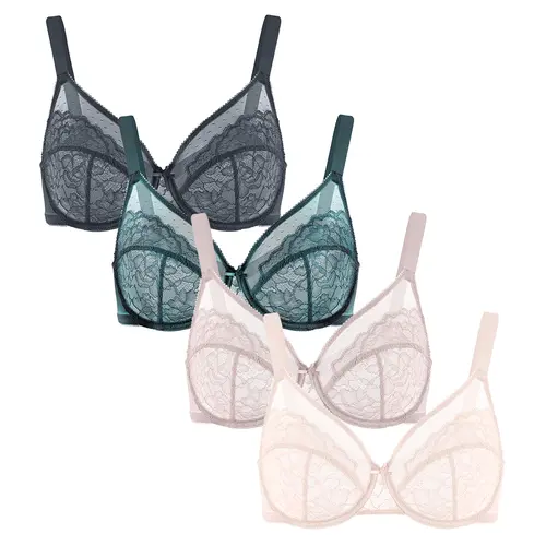 【4 Pack】HSIA Enchante Lace Bra Set Floral Lace Underwire PLus Size Full Coverage Bra Bundle
