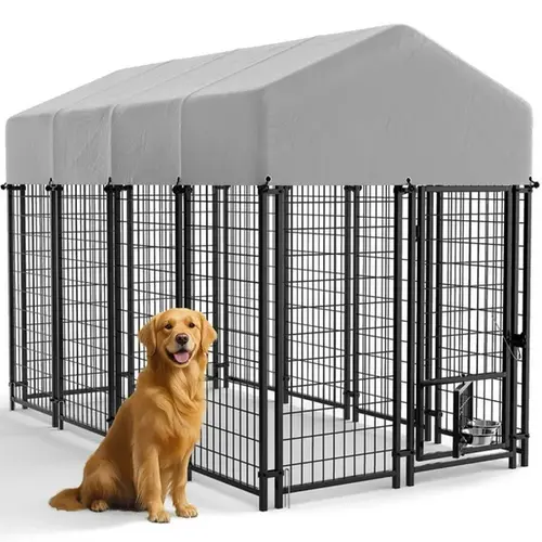 Warcat Extra Large Wire Metal Dog Kennel - Heavy-Duty Escape-Proof Enclosure with Metal Frame, Weatherproof Roof Cover, Feeder Bowls, Secure Lock & Tool Kit