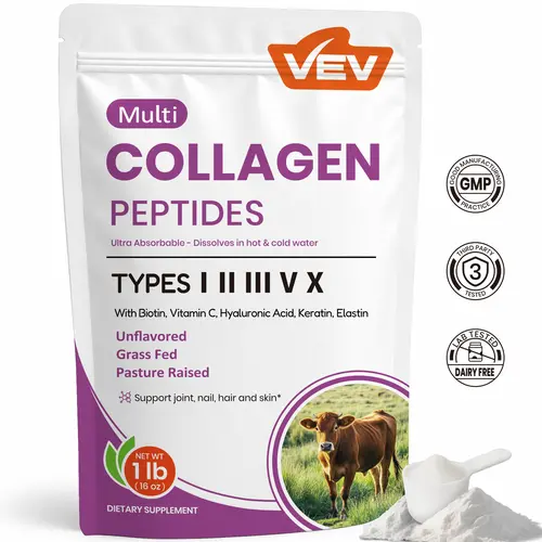 VEV Multi Collagen Peptides Powder, Hydrolyzed Collagen Type I, II, III, V, X with Hyaluronic Acid, Biotin & Vitamin C, Unflavored, 16 oz
