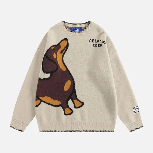Aelfric Eden Men's Crafted Knit Pullover - Cute Trendy Clothes, Hand-Drawn Dachshund Jacquard, Unisex Oversized Soft Crew Neck, Knotted Detail, Casual Warm Streetwear Nylon Casual Knitwear Detailed Men's Pullover,back to school,back to school shopping