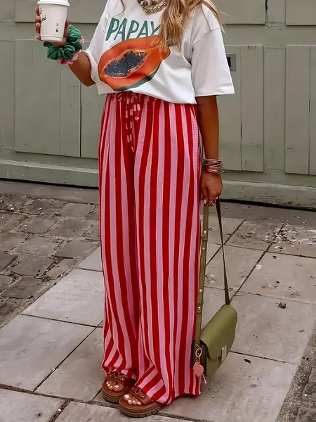 Spring & Fall Fashion New Women's Drawstring Loose Wide Leg Striped Pants, Casual Drawstring Waist, Comfortable and Stylish Long Trousers for Casual Wear