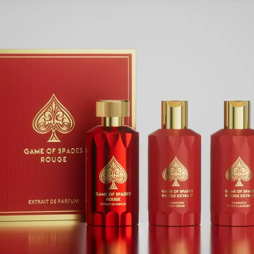 Game of Spades Rouge Extrait 4 pcs Gift Set by Jo Milano Paris (parfum 3.4 oz., Aromatic Body cleanser 6.8 oz., Hydrating body cream 6.8 oz. & Atomizer)