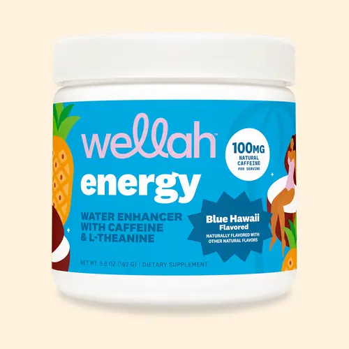 Wellah Energy 30 Servings - 100mg Caffeine & L-Theanine for Focus & Performance - Blue Hawaii Flavored Water Enhancer