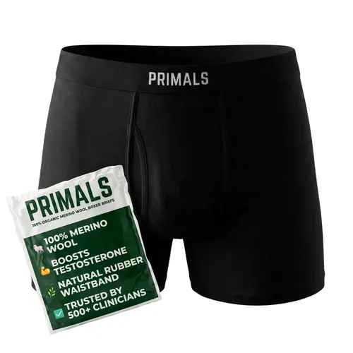PRIMALS Men's All Natural Boxer Briefs - Menswear Athletic Basic Underwear - 100% Merino Wool - Natural Rubber Band - Testosterone & Fertility Boost - Elite Performance - 500+ Clinician Approved - 0 Polyester/Plastic - Midnight Black (1 Count)
