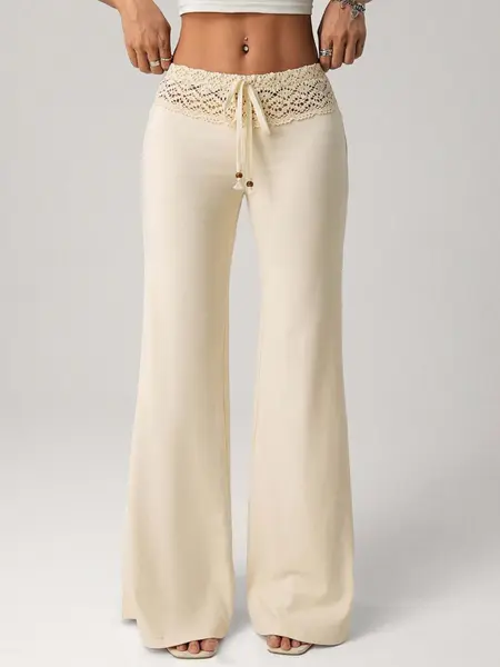 Women's Lace Patchwork High-Waisted Drawstring Elastic Waist Flare Leg Pants, All-Season Comfortable Trousers, Ladies' Clothing Womenswear Bottom