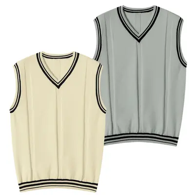Men's Stylish Polyester Knit Vest Top - Classic V-Neck with Contrasting Striped Trim, Casual College Style Sleeveless Menswear