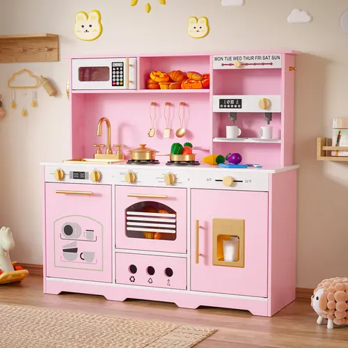 Wooden Play Kitchen Set for Kids Ages 3+, 21-Pcs Kids Toys with Child Safe & Interactive Multi-Piece Kitchen & Food Toys, White & Gold