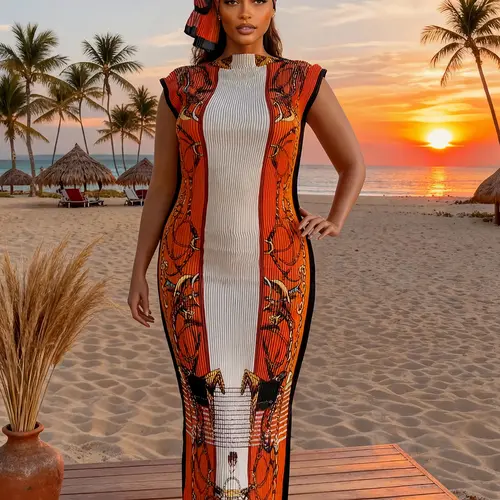Women's Elegant Animal Print Long Dress Set, Slim-Fitting Moo Moo Skirt & Scarf, Beach Sun Protection Shawl, All Seasons Fashion, Accessory, Outdoor, Swimwear Cover Up, Beachwear Cover Up, Beach Coverups, Swimsuit Coverups, Summer Coverup