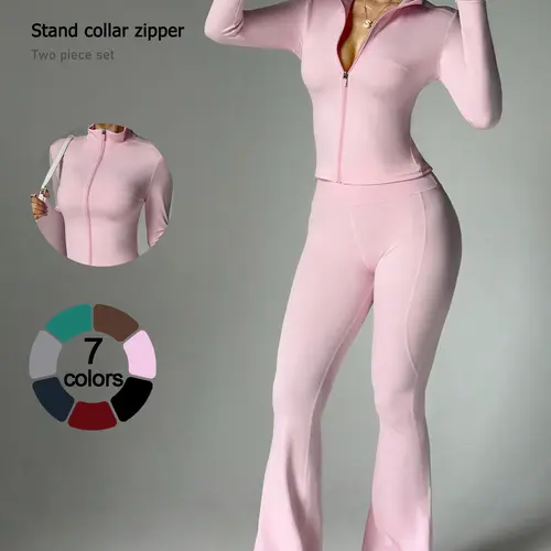 2 Piece Set Women's Activewear Set, Full Zipper Stand Collar Long Sleeve Jacket with Thumbholes, High‑Waisted Flared Pants, Versatile New Sportswear for Yoga, Gym, Running and Daily Casual Wear