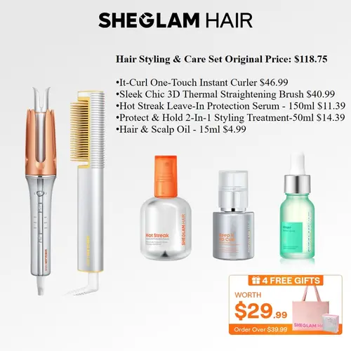 SHEGLAM HAIR Salon-Quality Styling & Care Kit | It-Curl Curler | Sleek Chic 3D Straightening Brush | Hot Streak Leave-In Serum | Keep it Up Curl Treatment | Hair Scalp Oil (5-Piece Set)#hair care #hair products #girly essentials