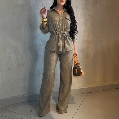 CHICME Women's 2 Piece Outfit Vintage Textured Drawstring Waist Turn-down Collar Button Down Top & Elastic Waist Wide Leg Pants Set