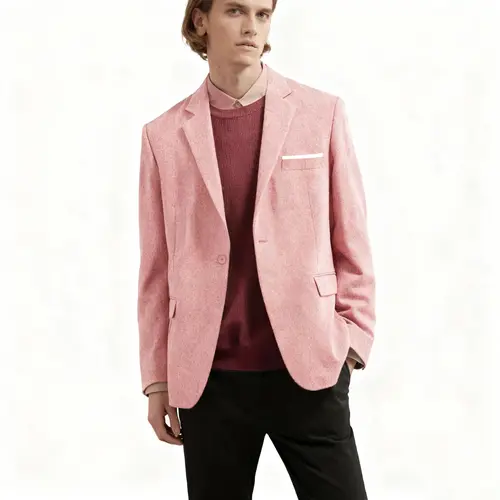 Men's Longsleeves Solid Plain Tweed Blazer Top - Menswear Relaxed Fit Pink Bedazzled Single Breasted Jacket - Cozy Versatile Essential for Work, Daily Use,sohochic