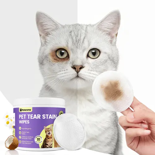 Potaroma Pet Eye Wipes Hypoallergenic Tear Removal Grooming Products, Hand-Inserted Double-Layer Thick Gentle Cleaner with Biodegradable Plant Enzyme Clean & Vitamin B5 Soothe for Dogs & Cats (60 Pads)