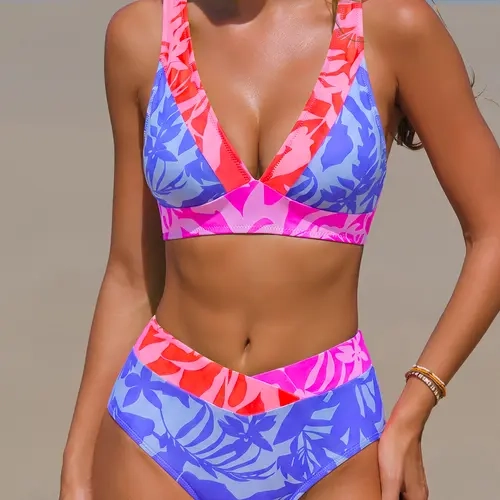 POPVIL Women's Colorful Leopard Print 2-Piece Bikini Set, Folklore Style Neon Nylon Bathing Suit with Triangle Top and Mid-Waist V-Cut Bottom, Colorful Leopard Print Bikini Sets