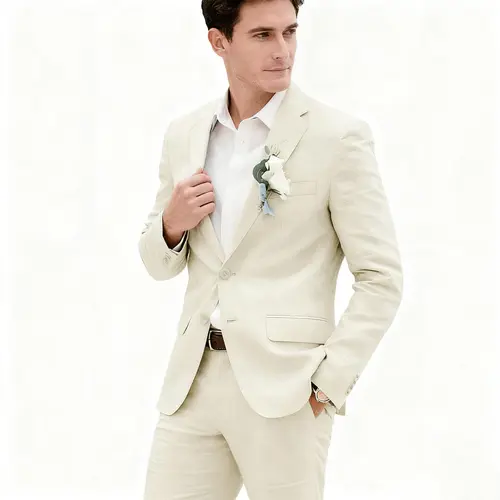 Men's Chic Plain Long Sleeve Linen 2-Piece Slim-Fit Fitted Suit Set - Lightweight, Breathable Blazer & Pants, Formal Wear for Wedding, Beach Party (XXL Available), Collared,sohochic