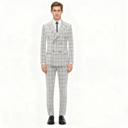 Men's 2-Piece Slim Fit Double-Breasted Checked Suit Set - Long Sleeve Formal Wear Menswear, Polyester Clothes for Wedding/Business, Tailored Groom Blazer & Pants,sohochic