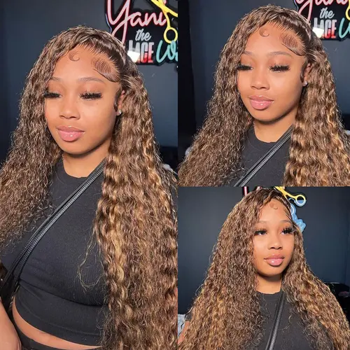 [220% Density] ZLIKE 34 Inch Honey Blond Water Wave 13X4 Lace Frontal Virgin Human Hair Highlight color Wigs Pre Plucked Natural Hairline