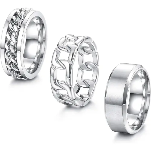 3Pcs Stainless Steel Silver Rings for Men Women Stainless Steel Plain Band Ring Cuban Link Chain Rings Spinner Ring Men's Promise Wedding Rings Set Size 6-14 Chunky Band Rings