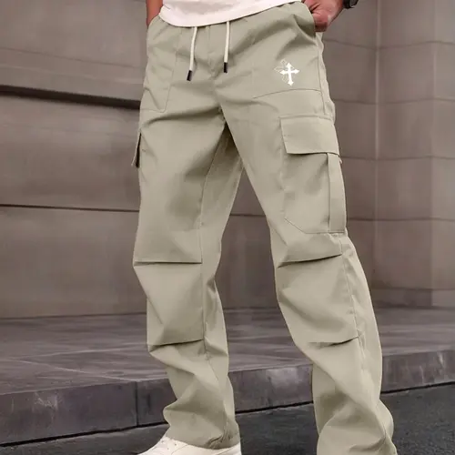 Men's Casual Stylish Baggy Loose Work Pants, Unique Geometric Print, Multiple Pockets, Accordion Design at Knees, Adjustable Drawstring Waist, Outdoor Hiking