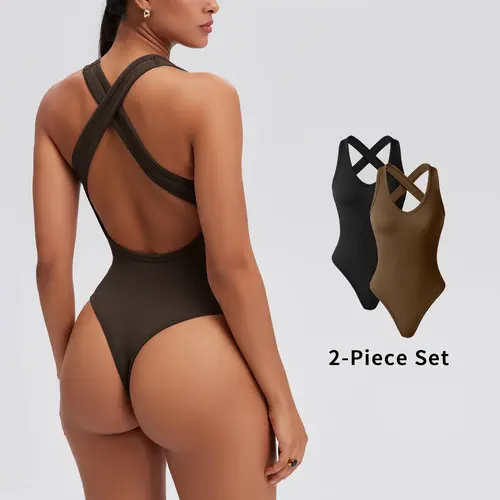 OQQfitness Women Solid Backless Racerback Tank Bodysuit  Cross-Strap Sleeveless Top Deep V Neck All Seasons, Cute Tops