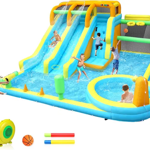 JOYMOR 11-in-1 Multi Purpose Inflatable Outdoor Water Slide for Kids Backyard w/ 2 Waterslides, 2 Basketball Hoops, Backyard Pool, Climbing Wall, Blaster Water Slides, 1min Blow-Up, 750w Blower, Bag for Storage