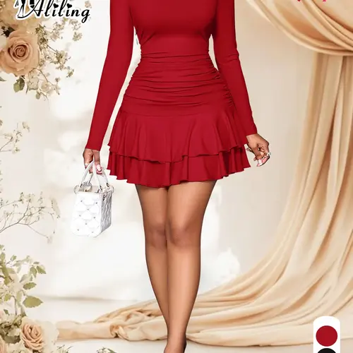 Aliling Women's Elegant Knitted Dress, High Neck Long Sleeve Ruffle Hem Mini Dress, Short Dress, Fall & Winter Fashion, Party Date, Valentine's Day Gift