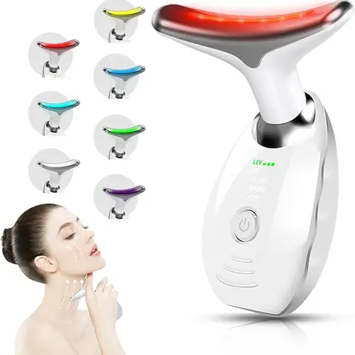 2025 Modern Rechargeable Face and Neck Massager Tool - Cordless 7-Color LED Light Therapy Beauty Device for Women, Face Lifting Tool with Soothing, Chin Lifting, Neck Firming, Radiant Skin Boost (White)