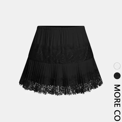 Women's Solid Color Lace Patchwork Pleated Short Skirt, Womenswear, Fashion Casual Skirt, Basic, Sweet, Elegant & Feminine Style, Leg-Lengthening Effect, A-line Silhouette