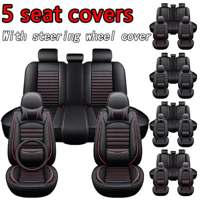 Luxury Car Seat Covers 5 Seat Set with Steering Wheel Cover Black Red Trim Universal Fit PU Leather for Various Vehicles, Suv Seat Covers, Car Seat Covers Front Seats, Car Seat Accessories, Auto Seat Protectors, Steering Wheel Covers,toolupgrade