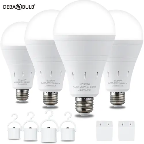 DEBAOBULB 4PK Rechargeable Emergency Light Bulbs  Battery Powered LED Light Bulb 6000K Daylight E26 120 Volt 9W 60W Equivalent with 1200mAh for Home Power Outage Camping Hurricane, Energy Saver, Led Camping