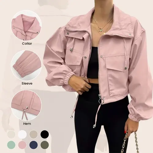 ASWULK Women's Cropped Utility Coat - Oversized Lightweight Zip Up with Snap Buttons and Pockets Adjustable Drawstring Spring Fall Woven