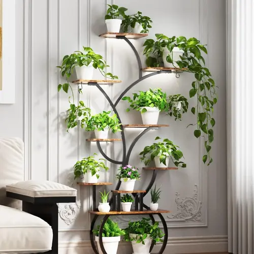 VINGLI 61" Tall Tree-Shaped Metal Frame Plant Stand with Adjustable LED Strip Grow Lights, 10-Tier Indoor Shelf (31.5"w×10.24"d×61"h, Anti-Tip Design) - Black Garden & Room Accessories for Flower Pots, Succulents, Ideal for Living Rooms & Balconies