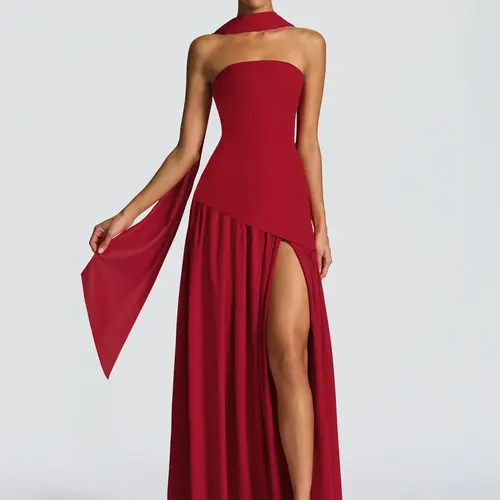 Women's Plain Side Split Thigh Strapless Tube Dress & Scarf Two-piece Set, Elegant Backless Ruched Maxi Dress, Elegant Ruched Design, Ideal for Evening Cocktail Party, Club, Wedding & Date, Formal Wear