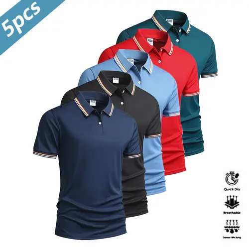 Men's 5-Piece Dry-Fit Jersey Polo Shirts Set - Color-Block Collar, Color-Block Cuff, Quick-Dry, Breathable Golfing Apparel for Golf, Travel,summerwins,father'sdaygifts