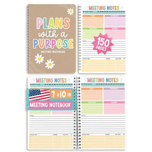 Hadley Designs Professional Meeting Notebook - Office Stationery, 7x10 Flat Spiral, 75 Sheets Double-Sided Paper, Laptop Size, Agenda Planner with Date, Attendees & Objectives Section for Managers, Ideal for Brainstorming Sessions & 1-on-1s