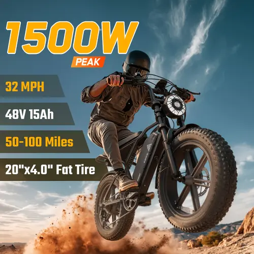 【Christmas Gift&TST Ebike】Electric Bike Peak Power 1500W Full Suspension Top Speed 32 MPH Range 50-100 Miles 48V15Ah Removable Battery 2-Seater Design LED Headlights 20Inch All-Terrain Fat Tires UL2849 Certified Weighing 450 pounds Light off-road vehicle,