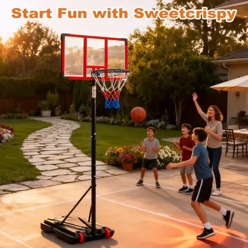 Sweetcrispy Polycarbonate Kids Portable Basketball Hoop - Adjustable Height 5.08-8.53 ft, Shatterproof Weather-Proof Backboard, Fillable Wheeled Base, Easy Installation for Backyard Playground Basketballs