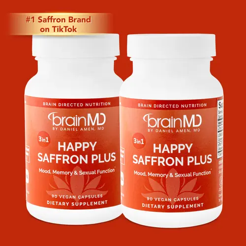 Happy Saffron Plus 2-Pack | BrainMD | 180 Capsules (2 x 90) | Mood & Stress Support | Memory, Focus & Libido Support | Affron Saffron Extract with Curcumin & Zinc