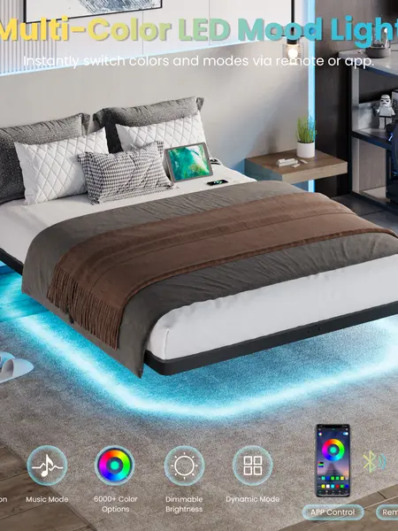 SHA CERLIN Floating LED Iron Bed Frame with Metal Slats Support a Firm Sleep Base, Multi-Color Mood Light Headboard, Outlets, Box Spring Needed , Twin/Full/Queen/King Sizes, Apartment & Bedroom Indoor Furniture, King Size Bed Frame, sohochic