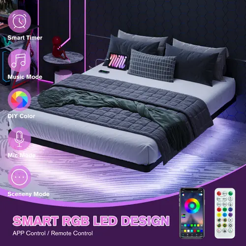 MUTICOR Floating LED Iron Bed Frame with Metal Slats【No Mattress】Headboard Outlets and Multi-Color Lighting, No Box Spring Needed, Twin/Full/Queen/King,#TikTokShopDealsforYouDays#DealsforYouDays#Summervibes#Summergarden