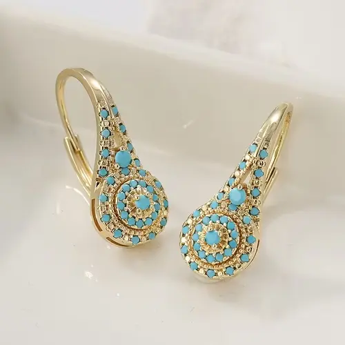 Women's KC Gold Plated Synthetic Turquoise Teardrop Dangle Earrings - Teardrop Design, Metal Coating, KC Gold Shine, Dangle Movement, Intricate Detailing, Sophisticated Female Jewelry for Everyday & Formal Events, Valentine's Gift, Valentine Gift,sohochic