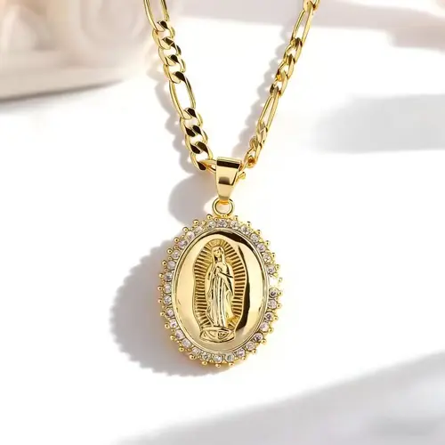 Women's 14 Karat Gold Plated Virgin of Guadalupe Chain Pendant Necklace - Durable Cubic Zirconia, Jewelry for Women, Virgin of Guadalupe Design Necklaces, for Daily Wear & Parties,sohochic
